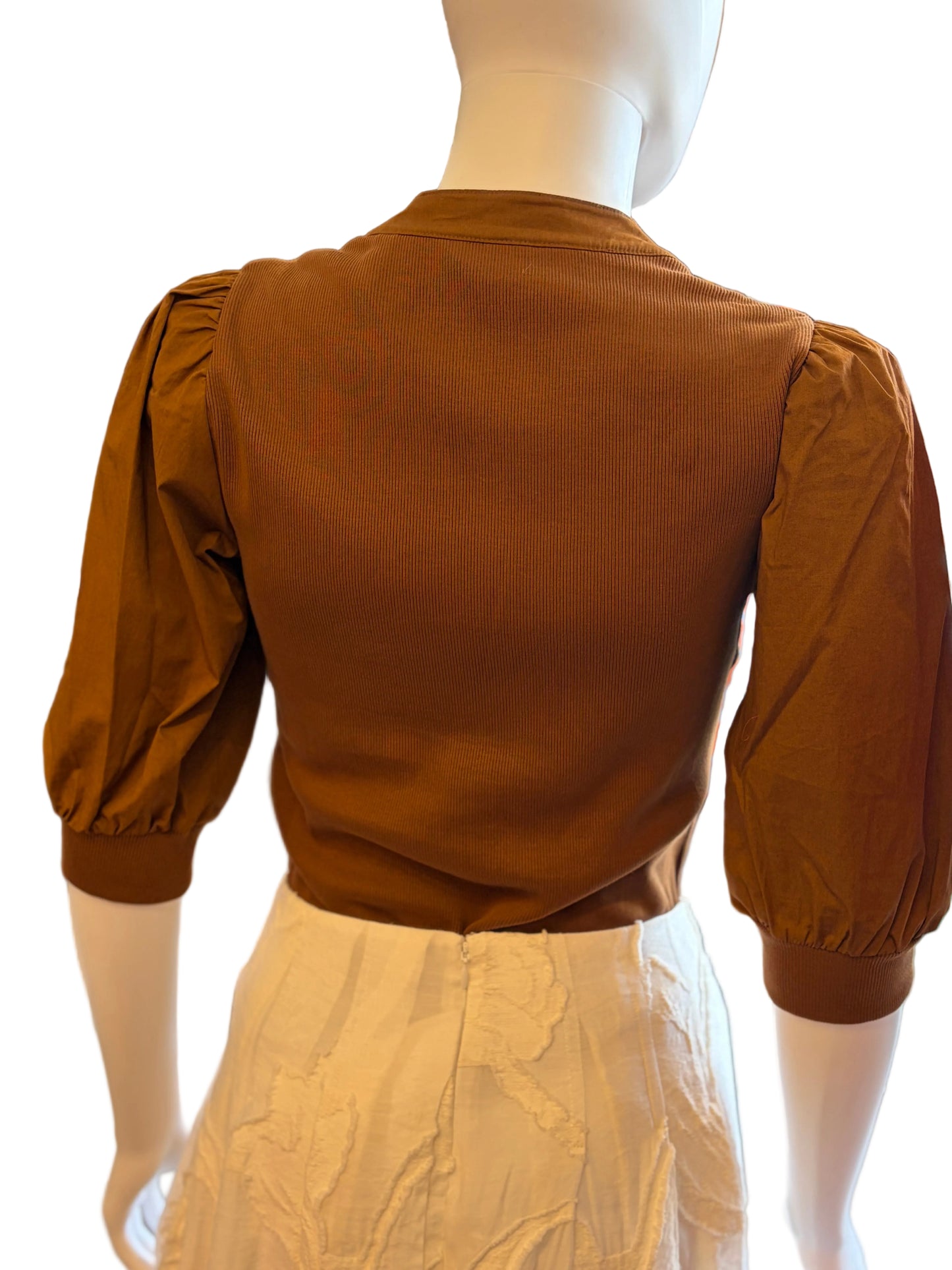 Veronica Beard Puff Sleeve Henley Top – Cognac Brown - XS