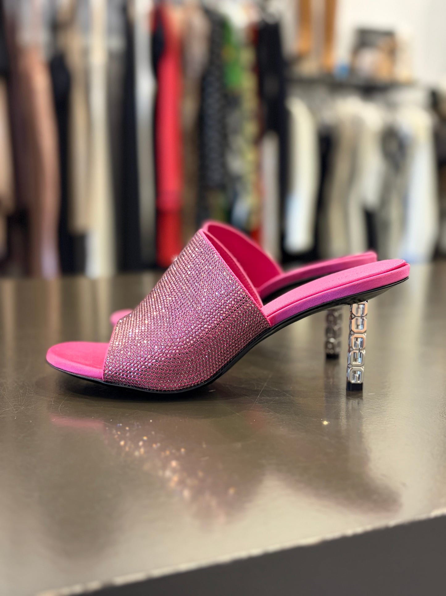 Givenchy Crystal-Embellished Pink Satin Mule Heels with Sculptural Rhinestone Heel 40