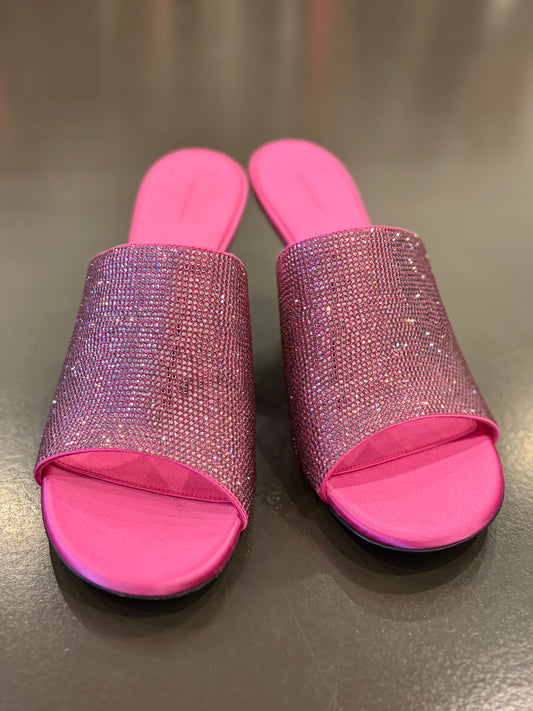 Givenchy Crystal-Embellished Pink Satin Mule Heels with Sculptural Rhinestone Heel 40