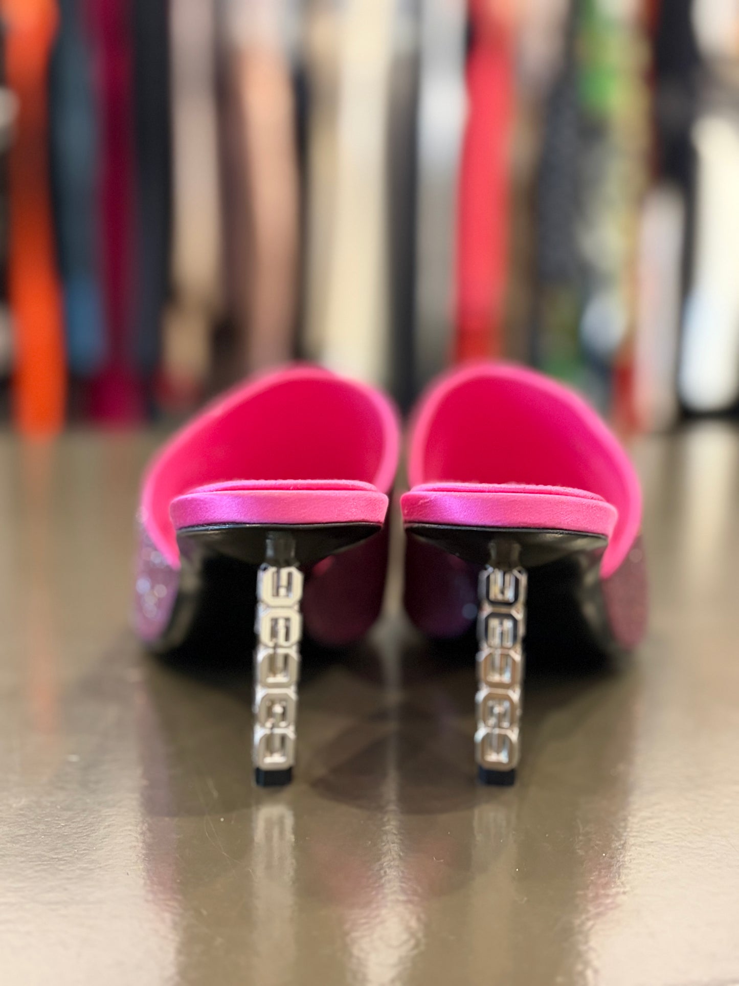 Givenchy Crystal-Embellished Pink Satin Mule Heels with Sculptural Rhinestone Heel 40
