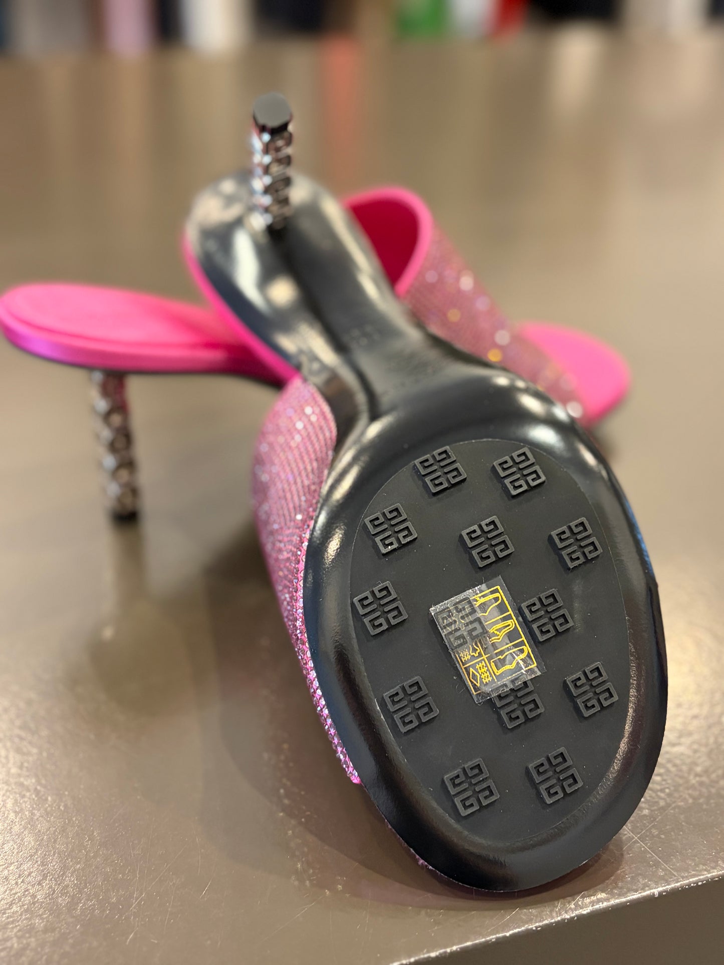 Givenchy Crystal-Embellished Pink Satin Mule Heels with Sculptural Rhinestone Heel 40
