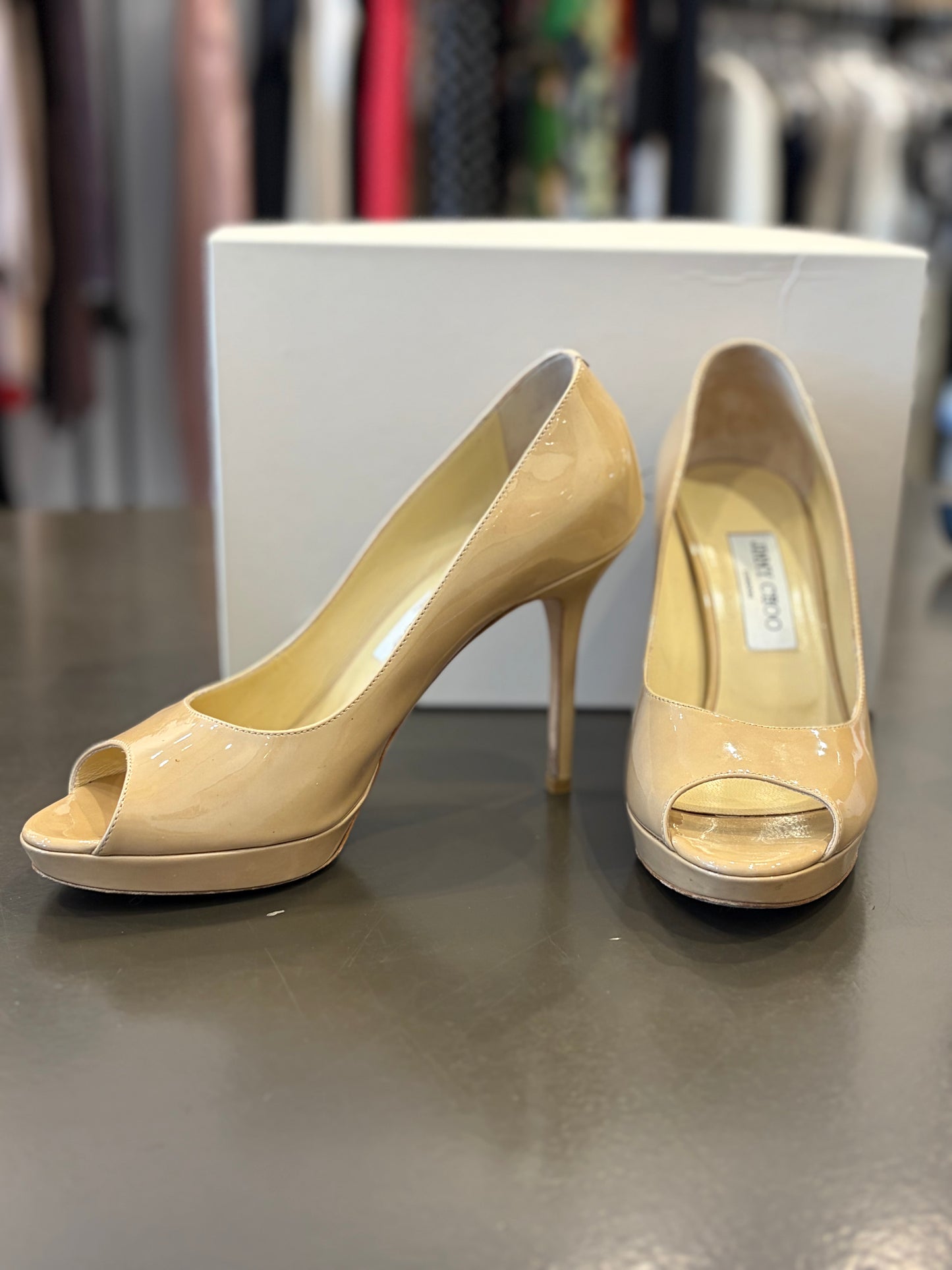 Jimmy Choo Luna Nude Patent Leather Peep-Toe Platform Pumps - 38.5
