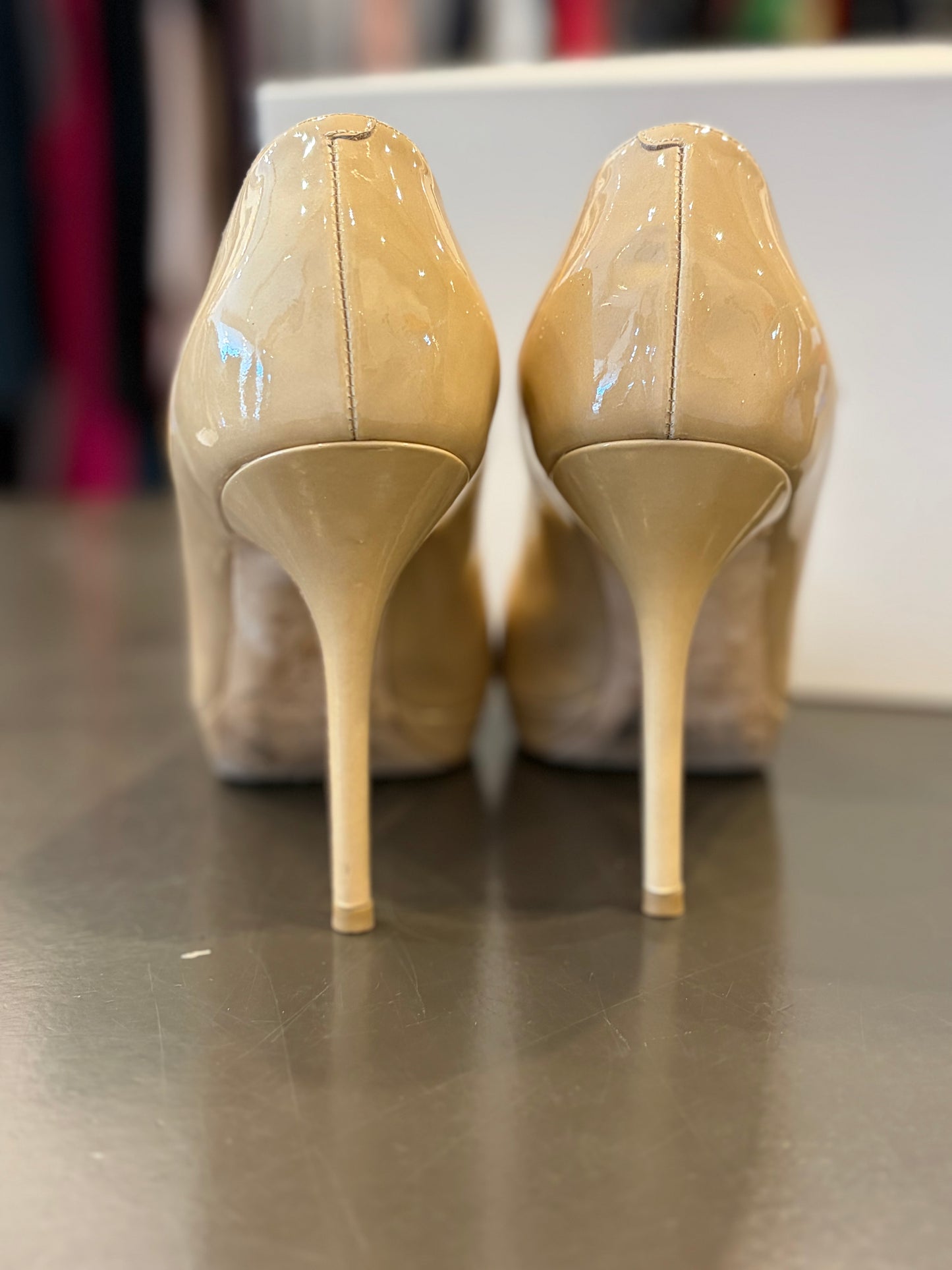 Jimmy Choo Luna Nude Patent Leather Peep-Toe Platform Pumps - 38.5