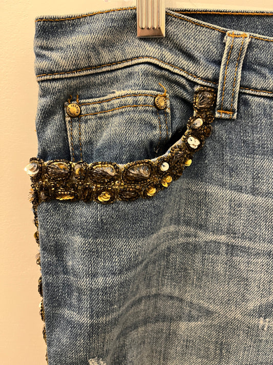 Roberto Cavalli Couture Gold Sequin embellishes jeans 48