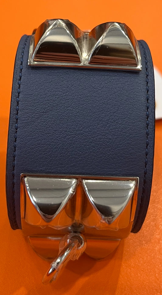 Hermes Cuir Collier Chien Bracelet Blue SMALL