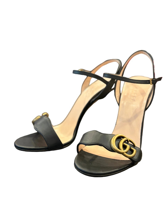 Gucci Lifford GG Marmont Black Lether Ankle Strap Block heel Sandals - 36