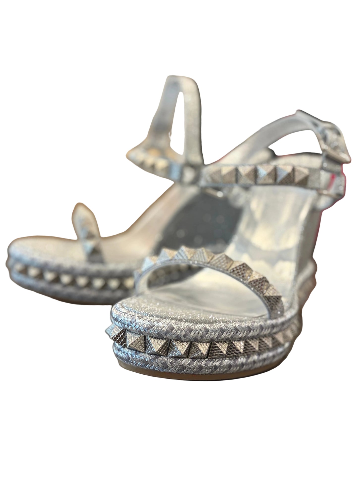 Christian Louboutin Silver Glitter Studded Platform Wedge Sandals - Size 39