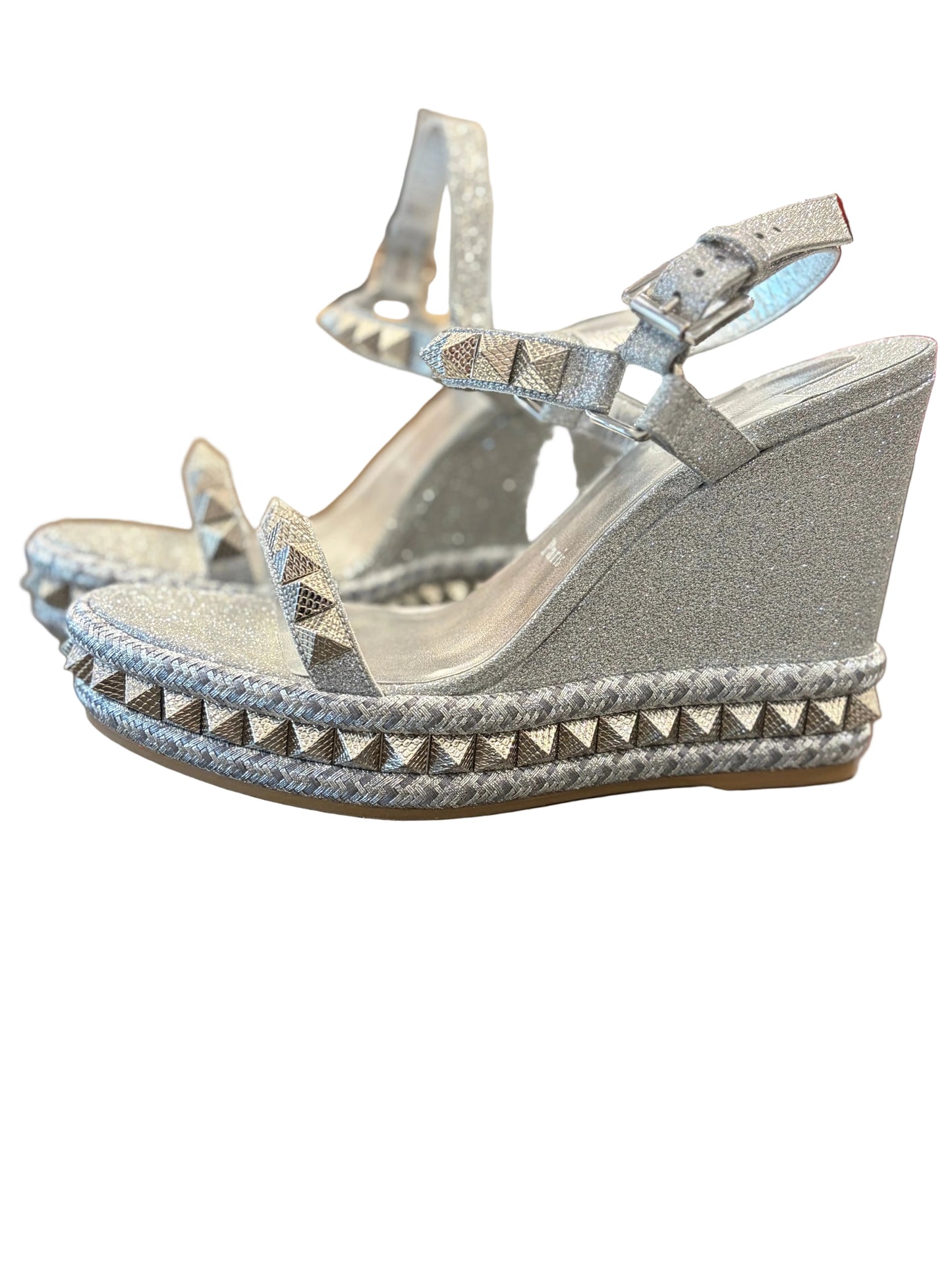 Christian Louboutin Silver Glitter Studded Platform Wedge Sandals - Size 39