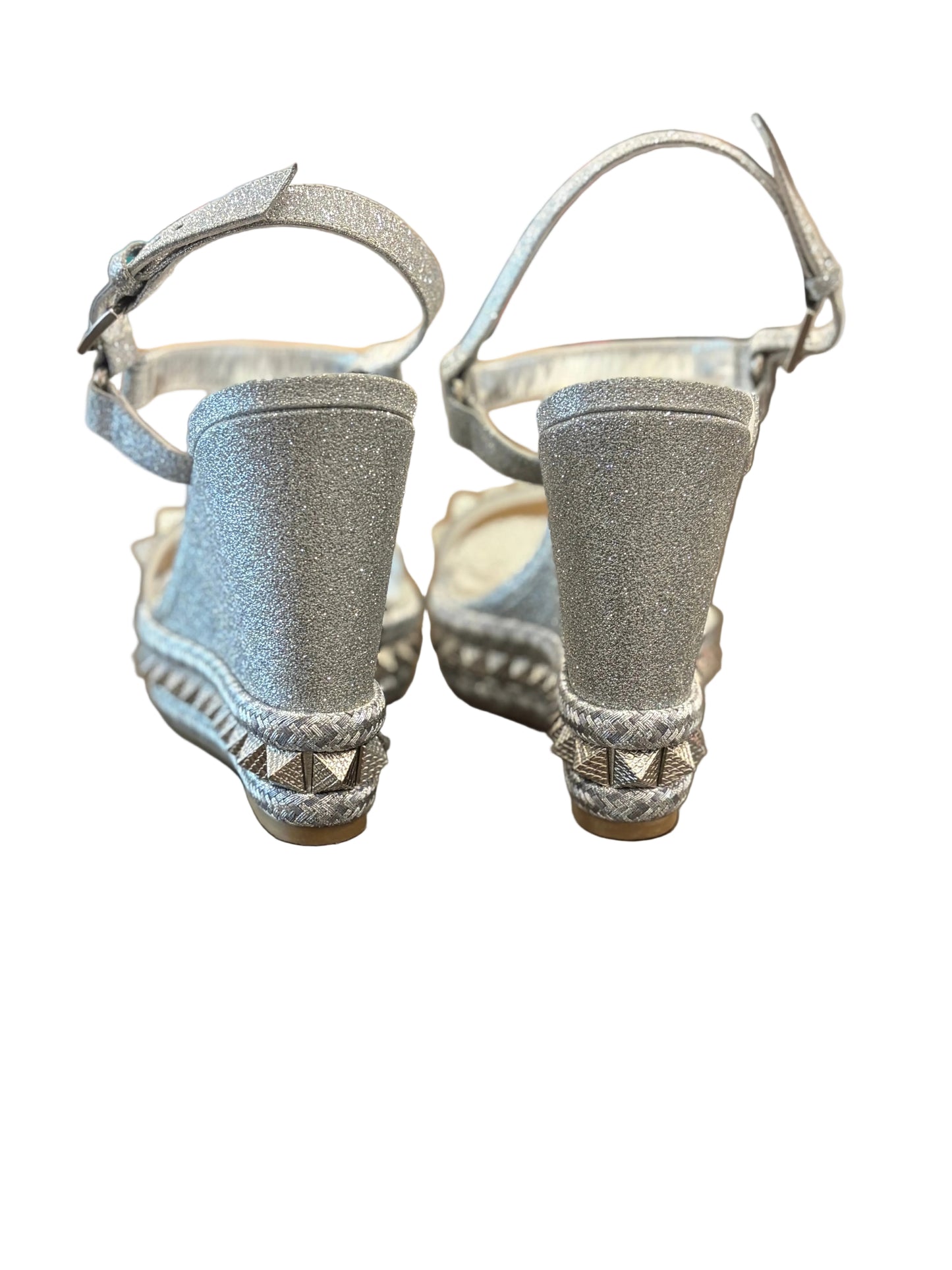 Christian Louboutin Silver Glitter Studded Platform Wedge Sandals - Size 39