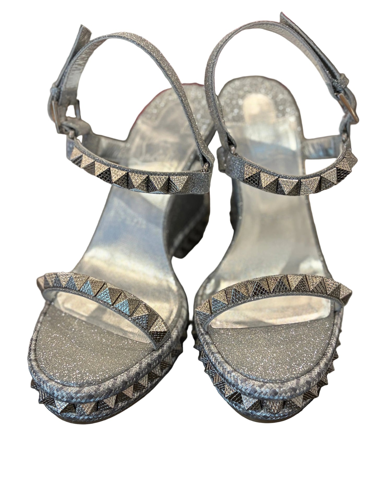 Christian Louboutin Silver Glitter Studded Platform Wedge Sandals - Size 39