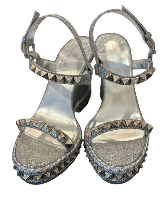 Christian Louboutin Silver Glitter Studded Platform Wedge Sandals - Size 39