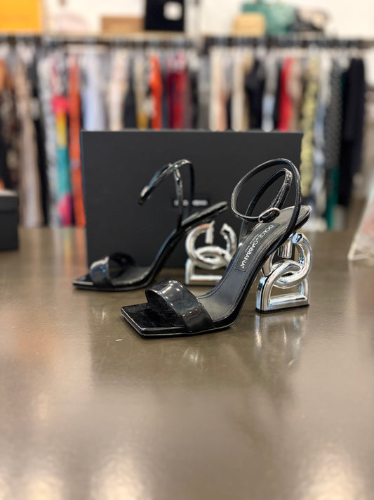 Dolce & Gabbana DG Logo Heel Patent Leather Sandals - Black - Size 38