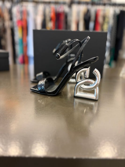 Dolce & Gabbana DG Logo Heel Patent Leather Sandals - Black - Size 38