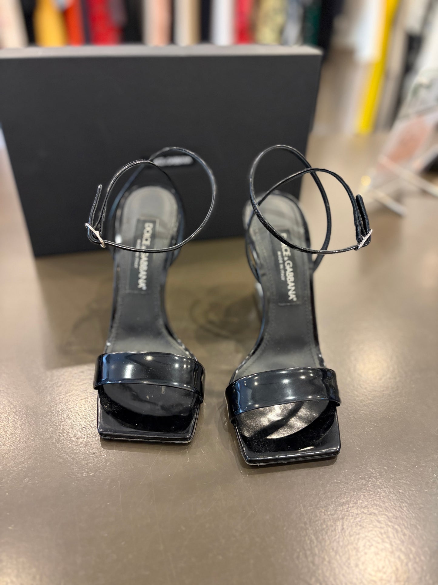 Dolce & Gabbana DG Logo Heel Patent Leather Sandals - Black - Size 38