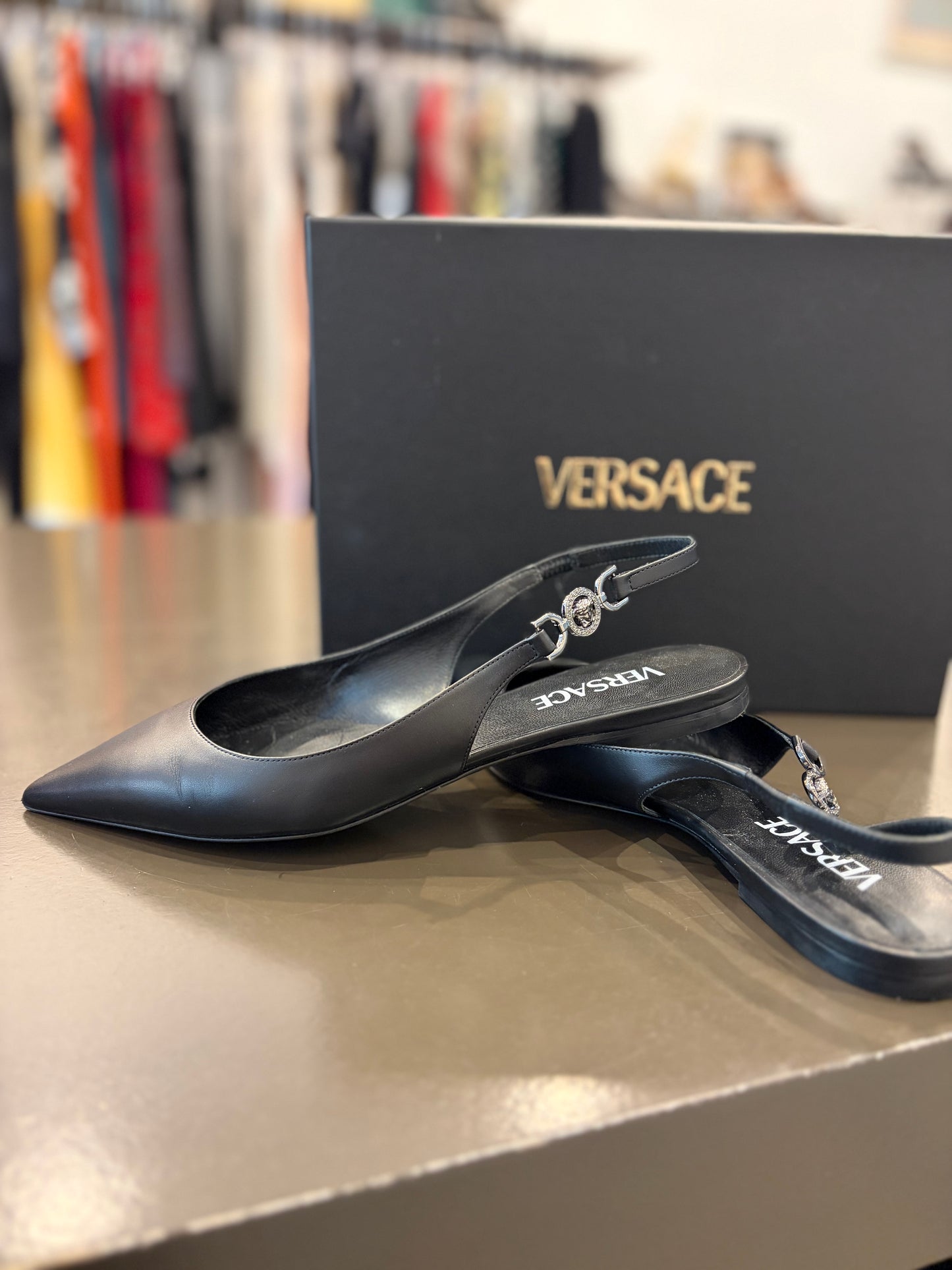 Versace Medusa Slingback Leather Flats - Black - Size 39