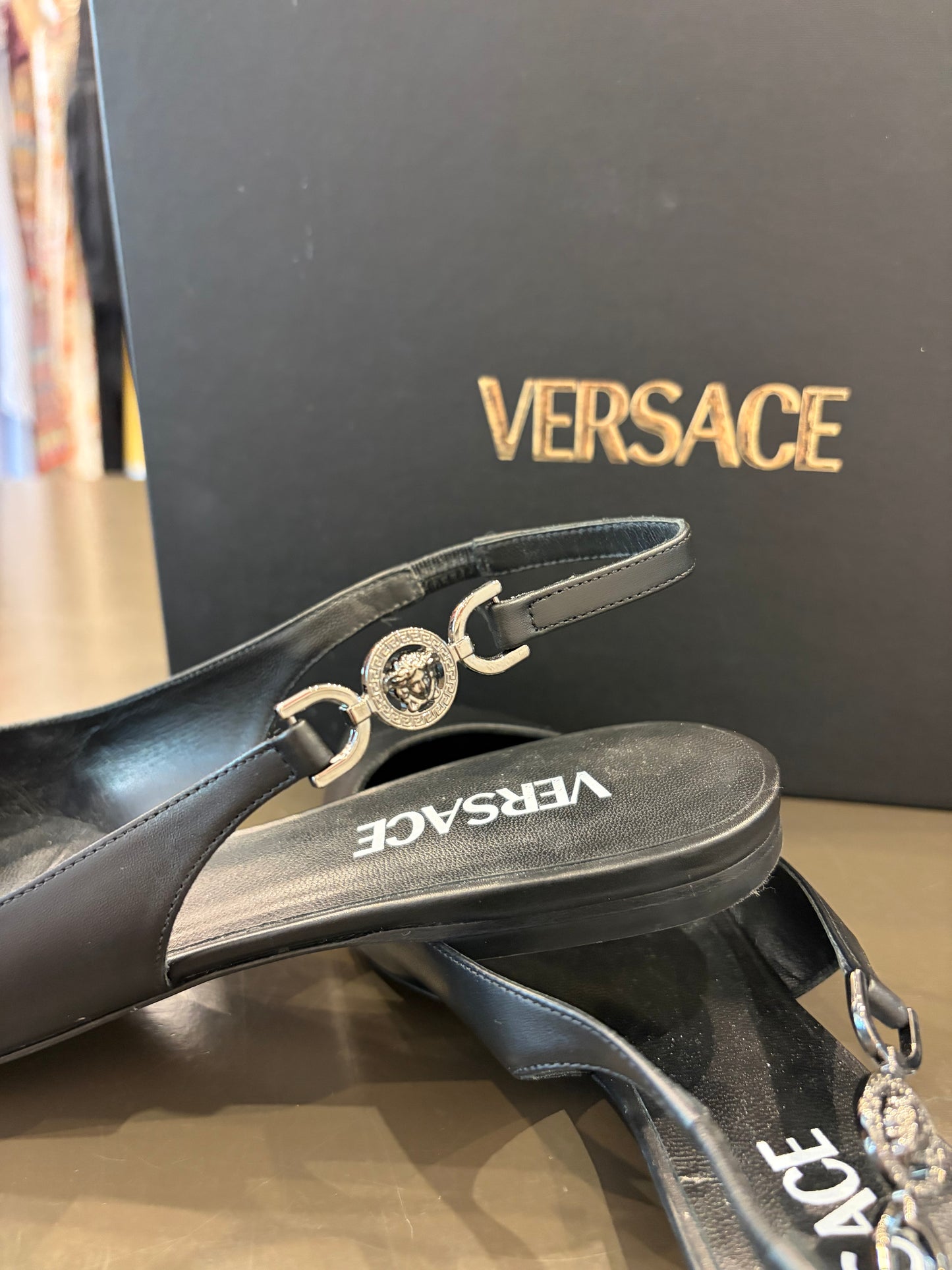 Versace Medusa Slingback Leather Flats - Black - Size 39