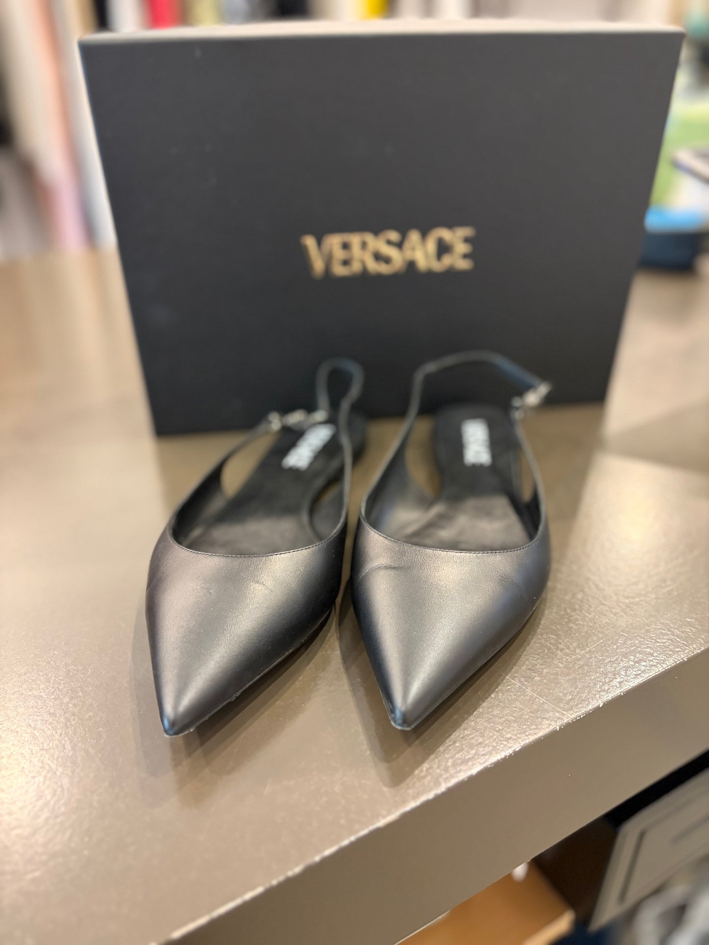 Versace Medusa Slingback Leather Flats - Black - Size 39