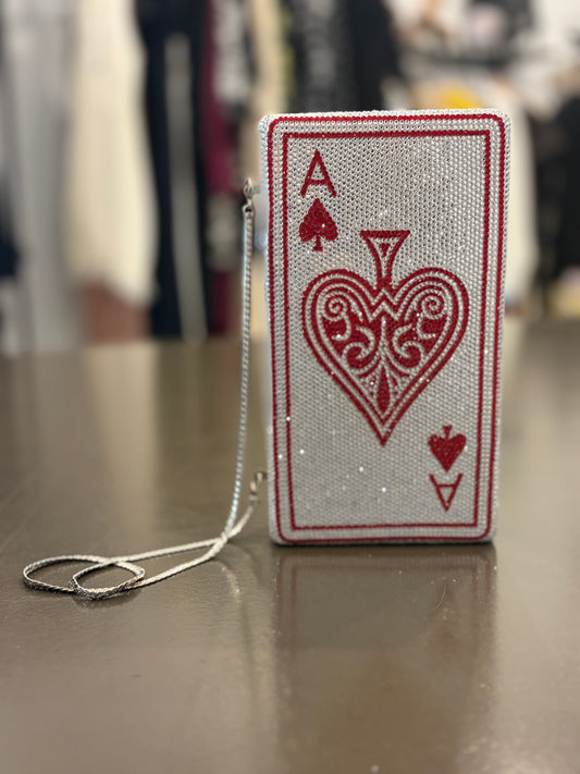Crystal Ace of Hearts Minaudière Clutch - Rhinestone Playing Card Evening Bag