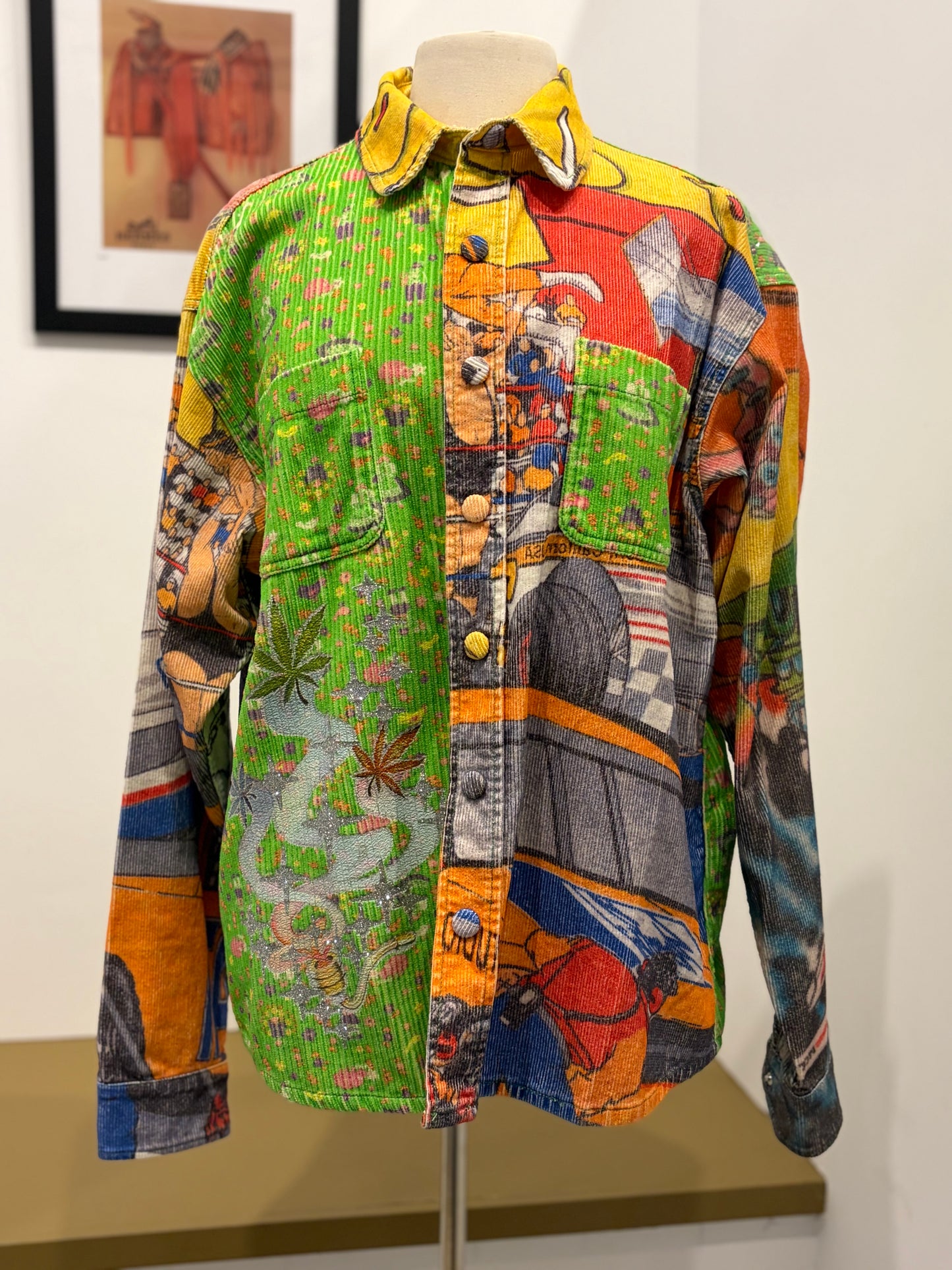 ERL Mixed Print Corduroy Overshit Jacket- Patchwork button front - Large
