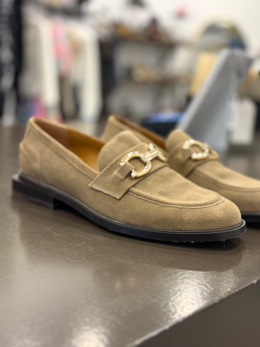Clergerie JAEL3 Sued Horsebit Loafers Gobi Gold - US 7