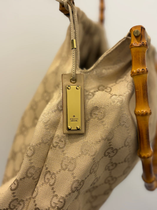 Gucci Bamboo Handle GG Canvas Hobo Bag - Beige