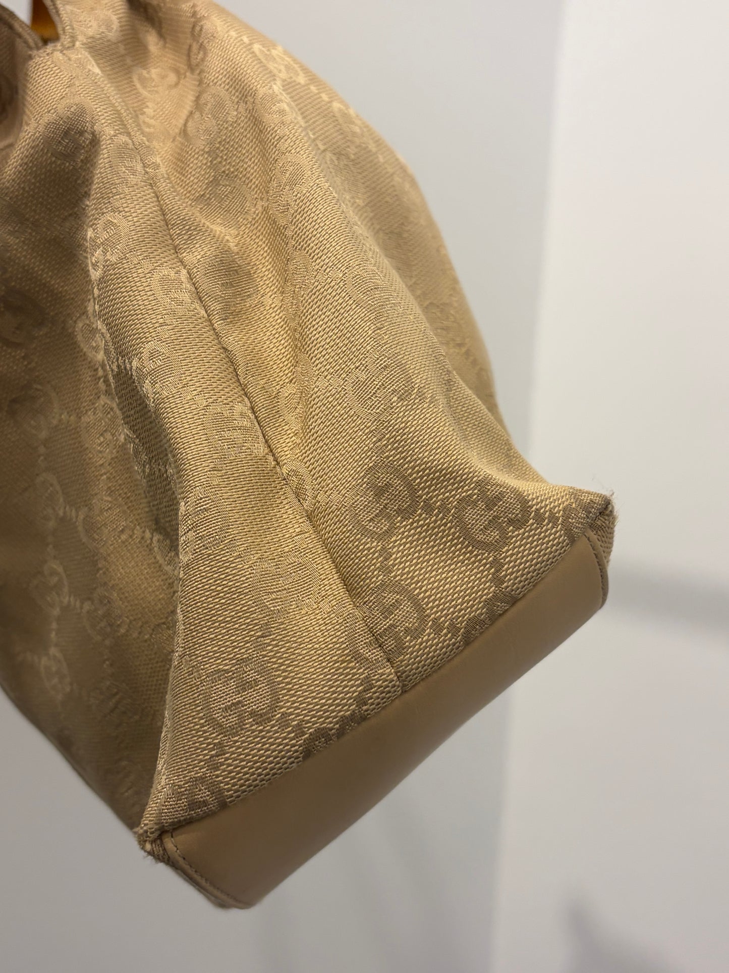 Gucci Bamboo Handle GG Canvas Hobo Bag - Beige