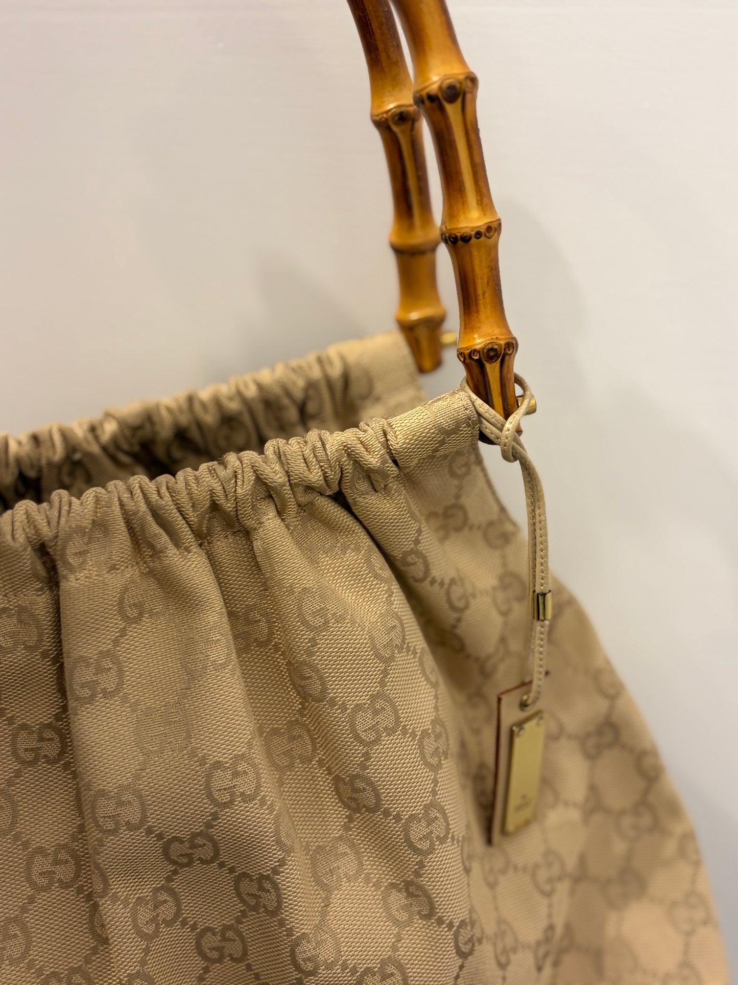 Gucci Bamboo Handle GG Canvas Hobo Bag - Beige