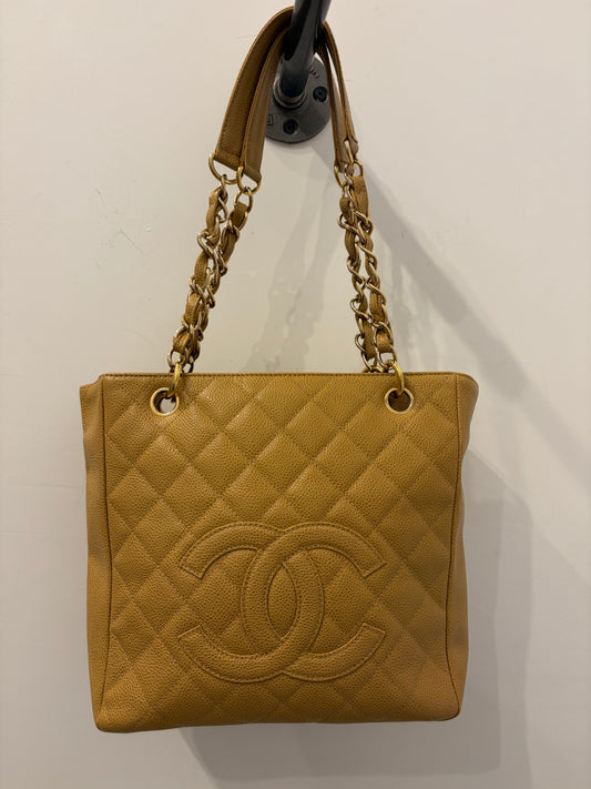 Chanel Vintage Beige Caviar Leather CC Logo Shoulder Tote