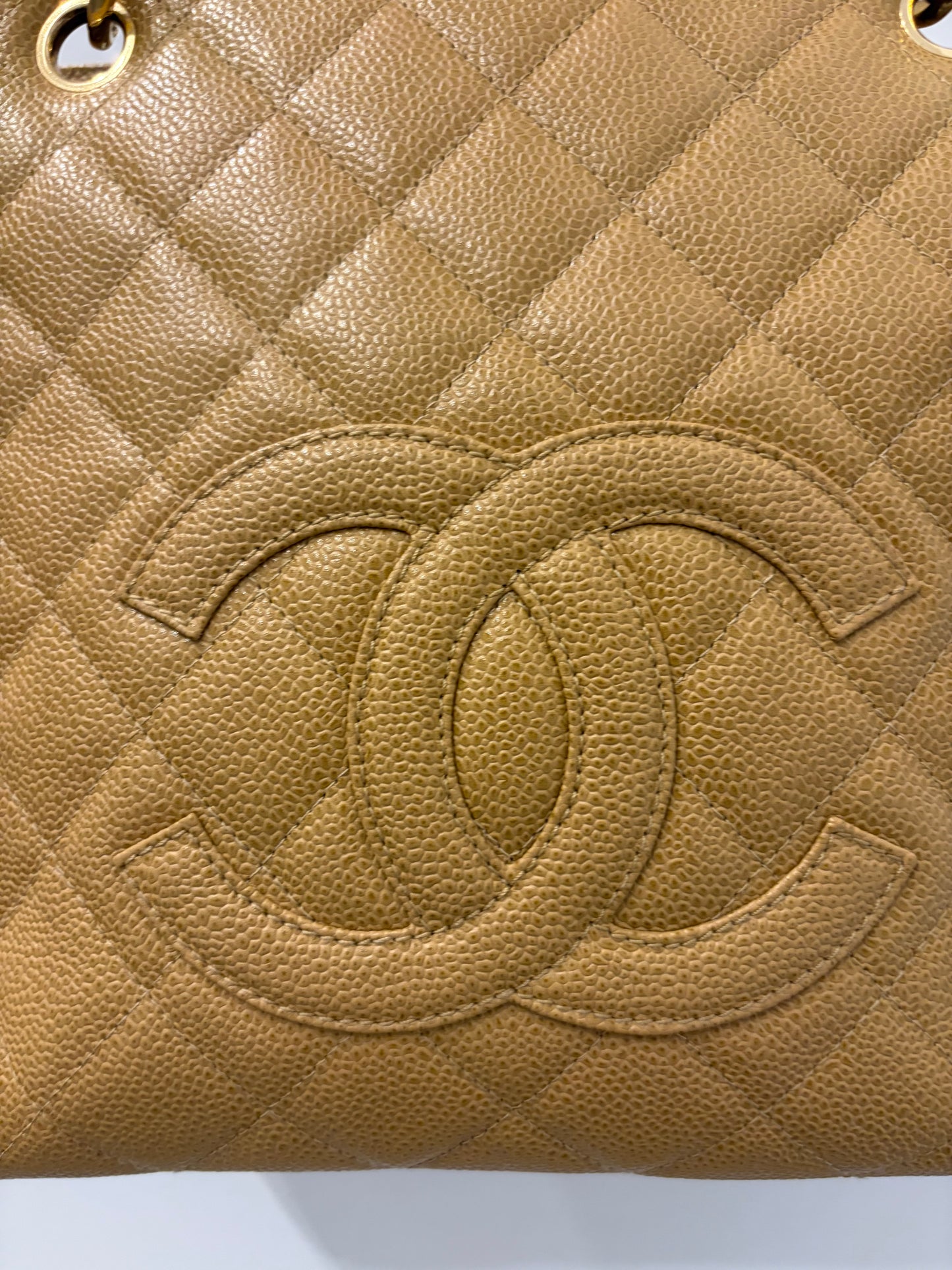 Chanel Vintage Beige Caviar Leather CC Logo Shoulder Tote