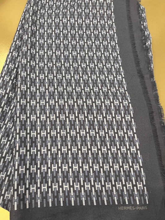 Hermes H Logo Fringe Scarf Navy/Gray