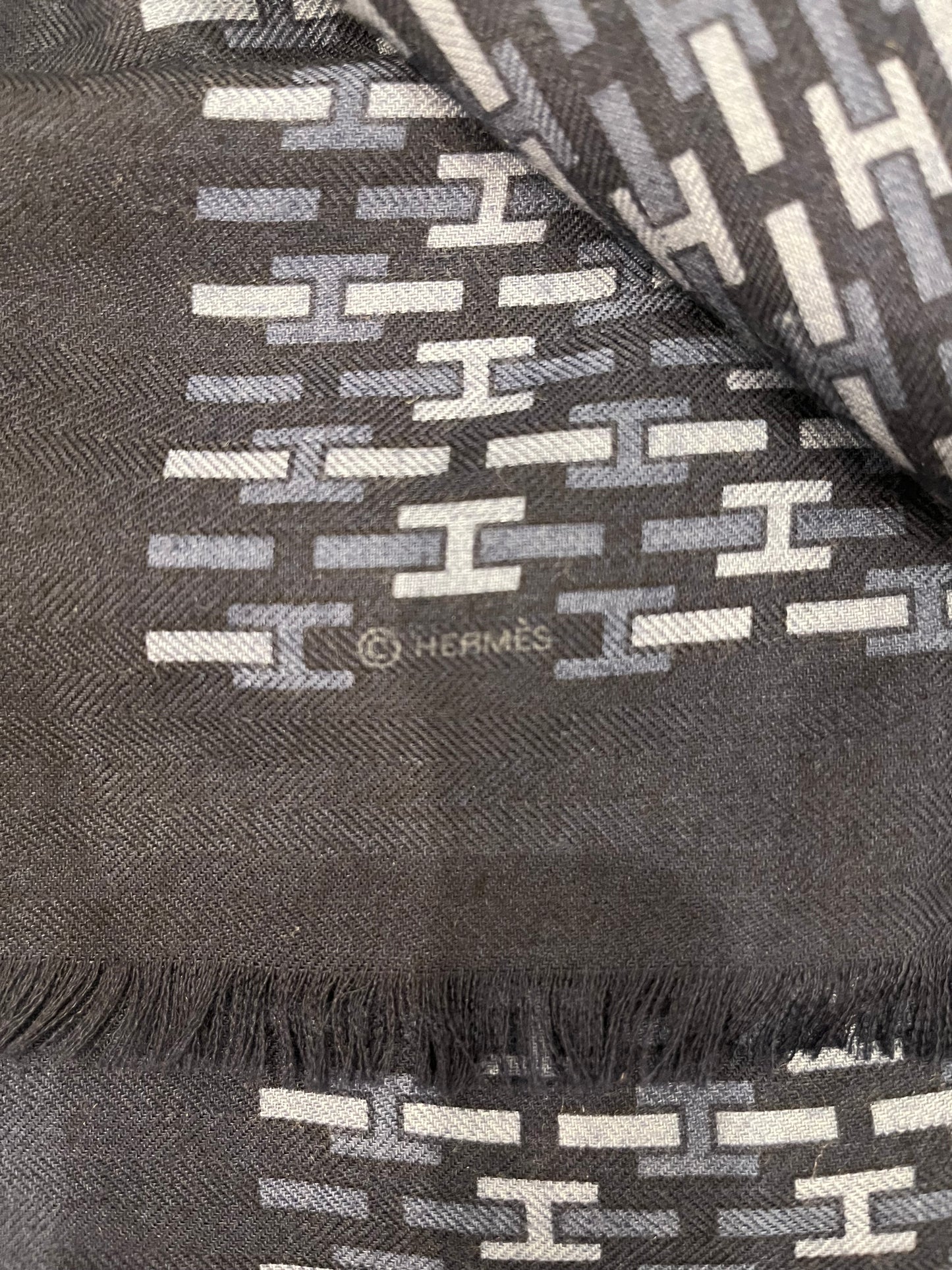 Hermes H Logo Fringe Scarf Navy/Gray