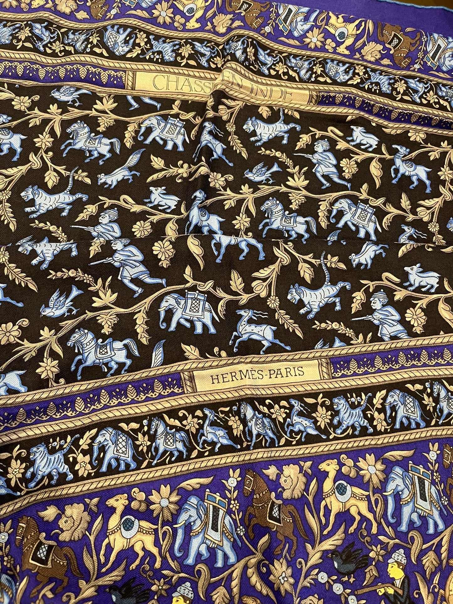 Hermès “Chasse en Inde” Cashmere & Silk Shawl (GM 140) – Violet / Black / Gold