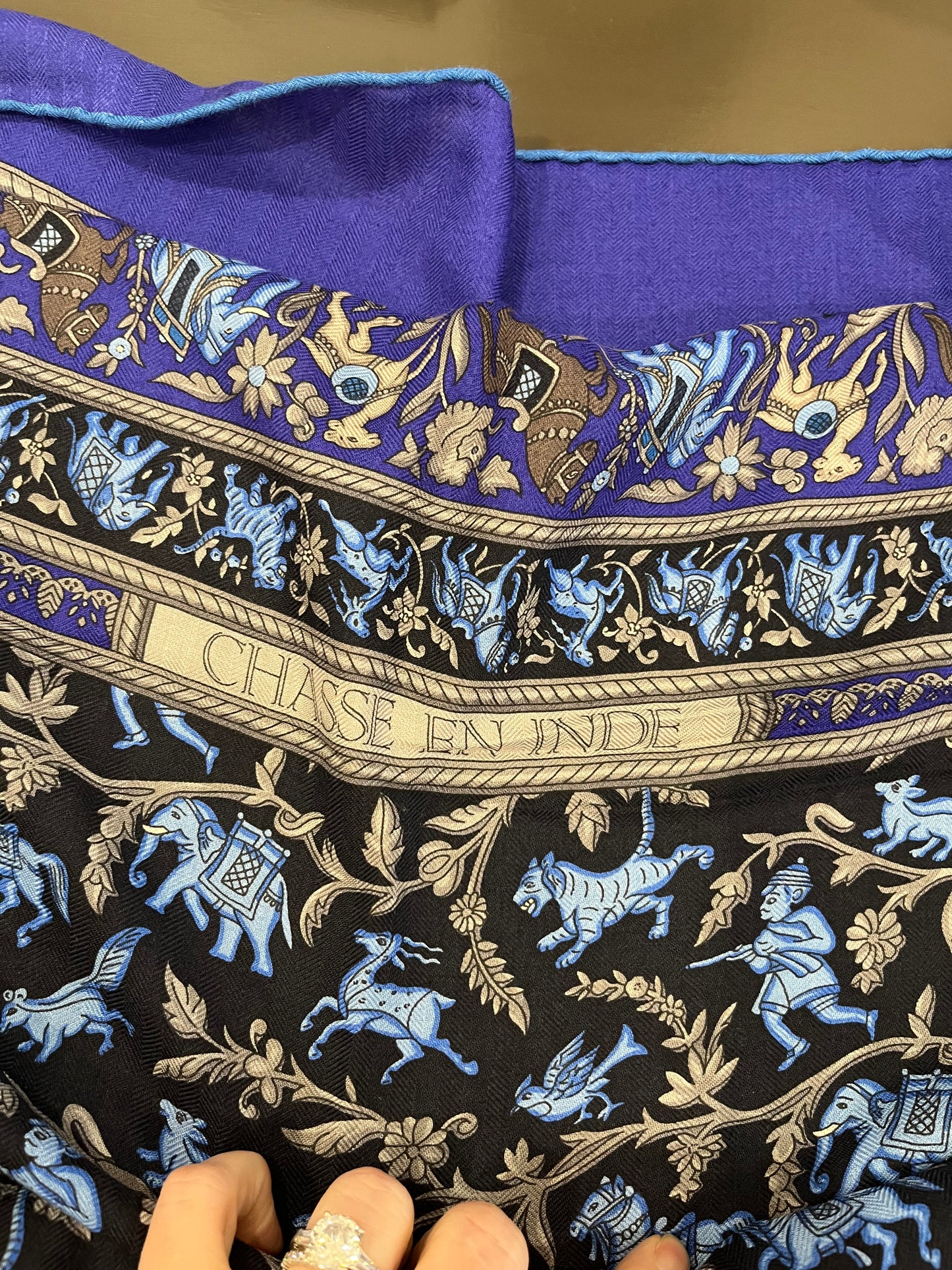Hermès “Chasse en Inde” Cashmere & Silk Shawl (GM 140) – Violet / Black / Gold