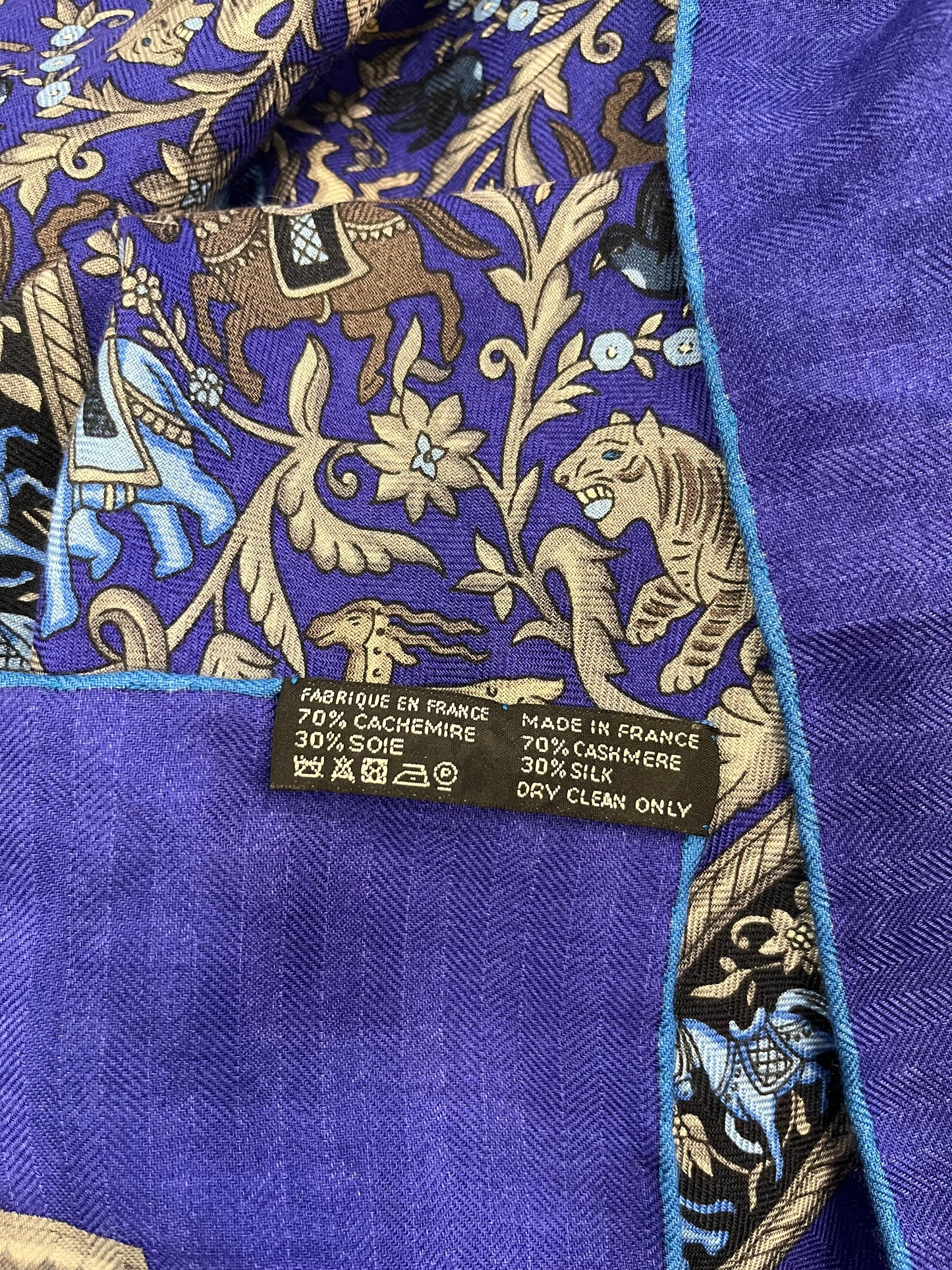 Hermès “Chasse en Inde” Cashmere & Silk Shawl (GM 140) – Violet / Black / Gold