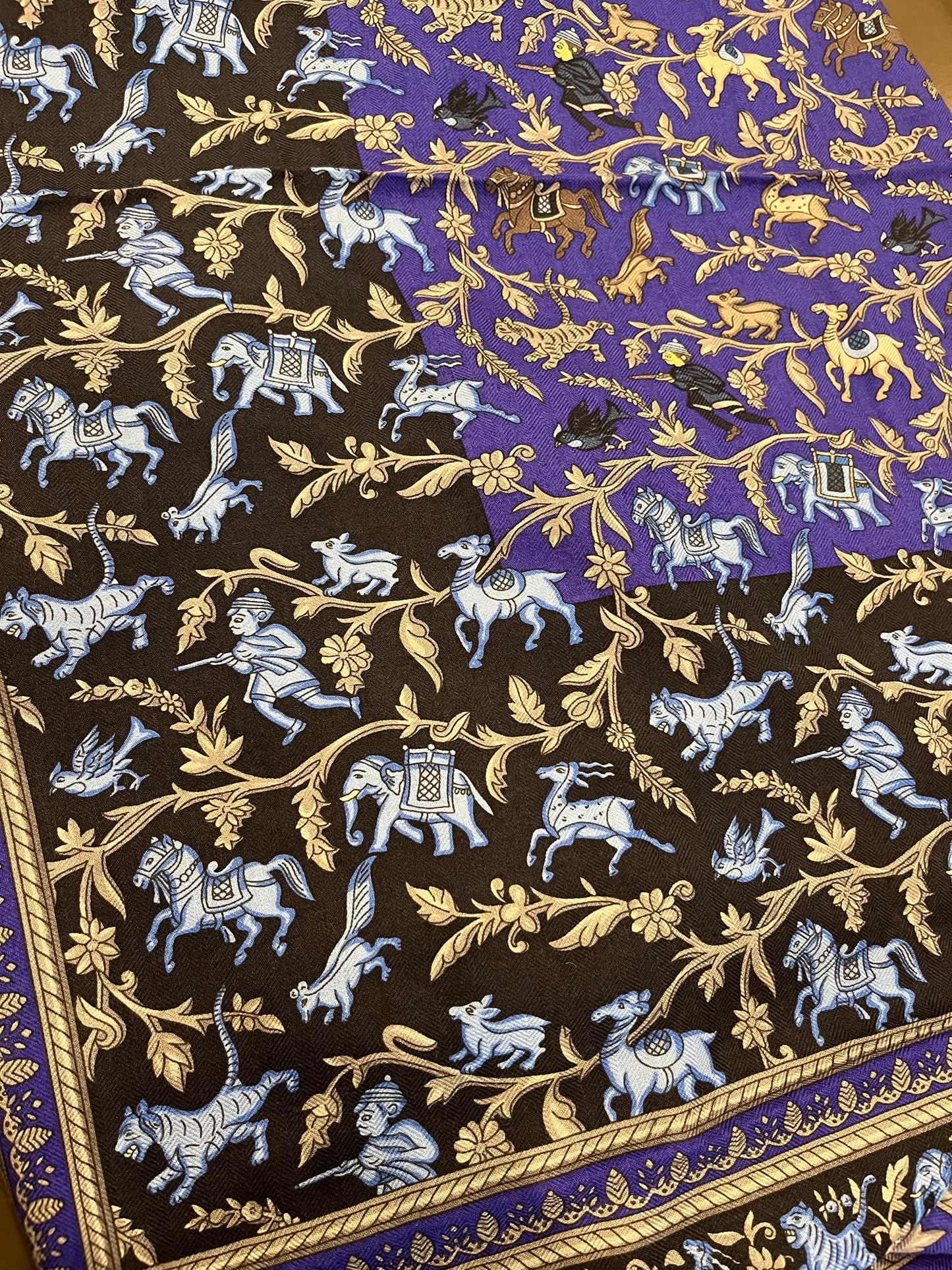 Hermès “Chasse en Inde” Cashmere & Silk Shawl (GM 140) – Violet / Black / Gold