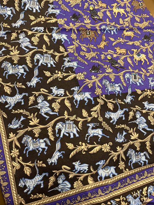 Hermès “Chasse en Inde” Cashmere & Silk Shawl (GM 140) – Violet / Black / Gold