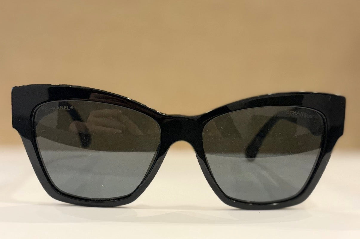 Chanel 5456-Q-B Black Oversized Sunglasses Black Crystal CC Chain Detail