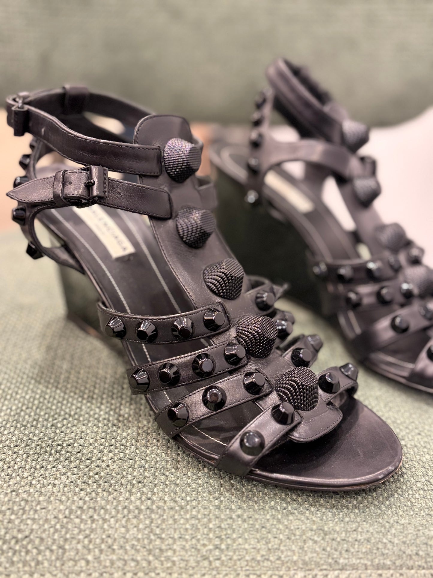 Balenciaga Black Studded Leather Wedge Sandals - Size 39