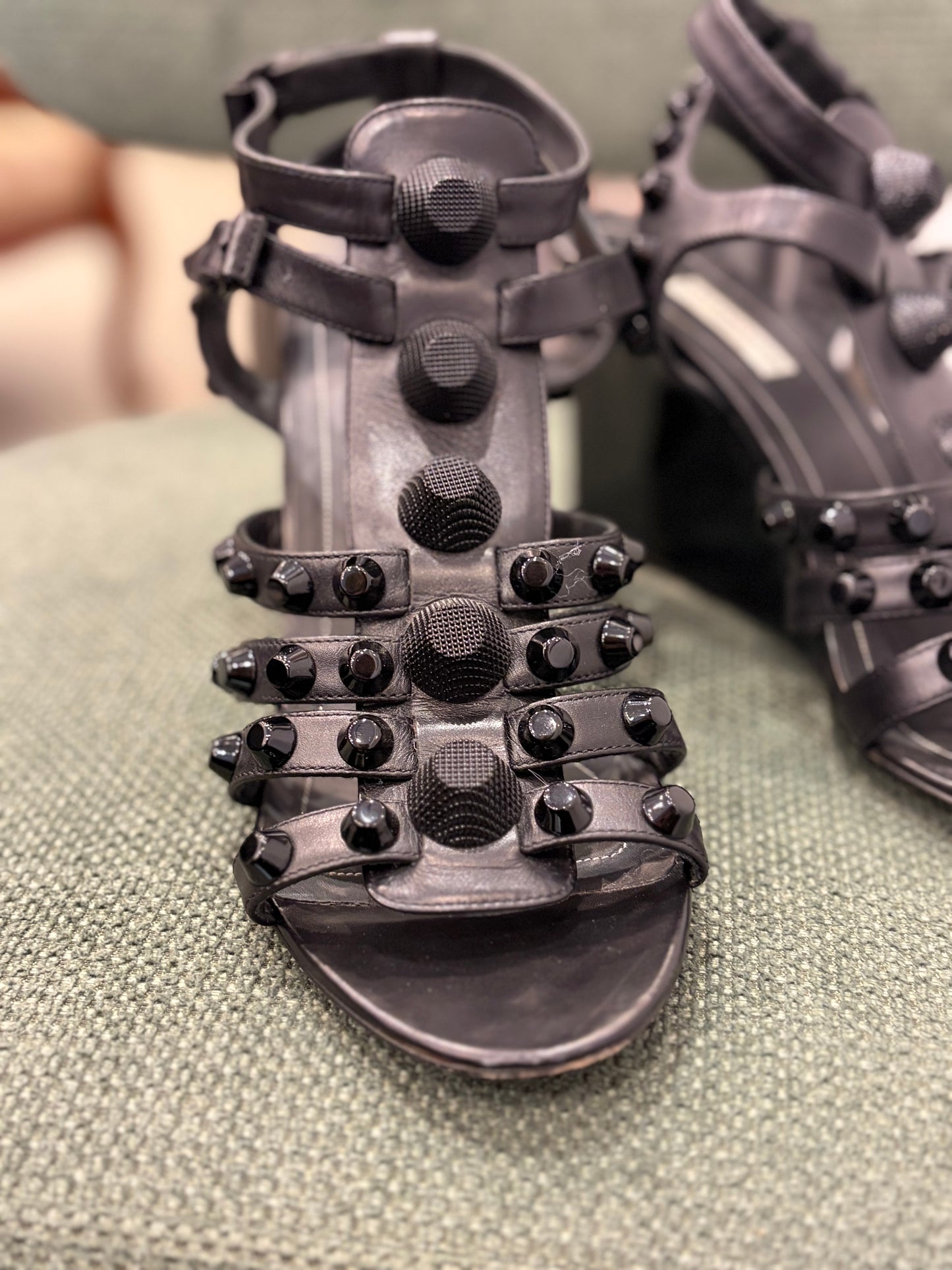 Balenciaga Black Studded Leather Wedge Sandals - Size 39