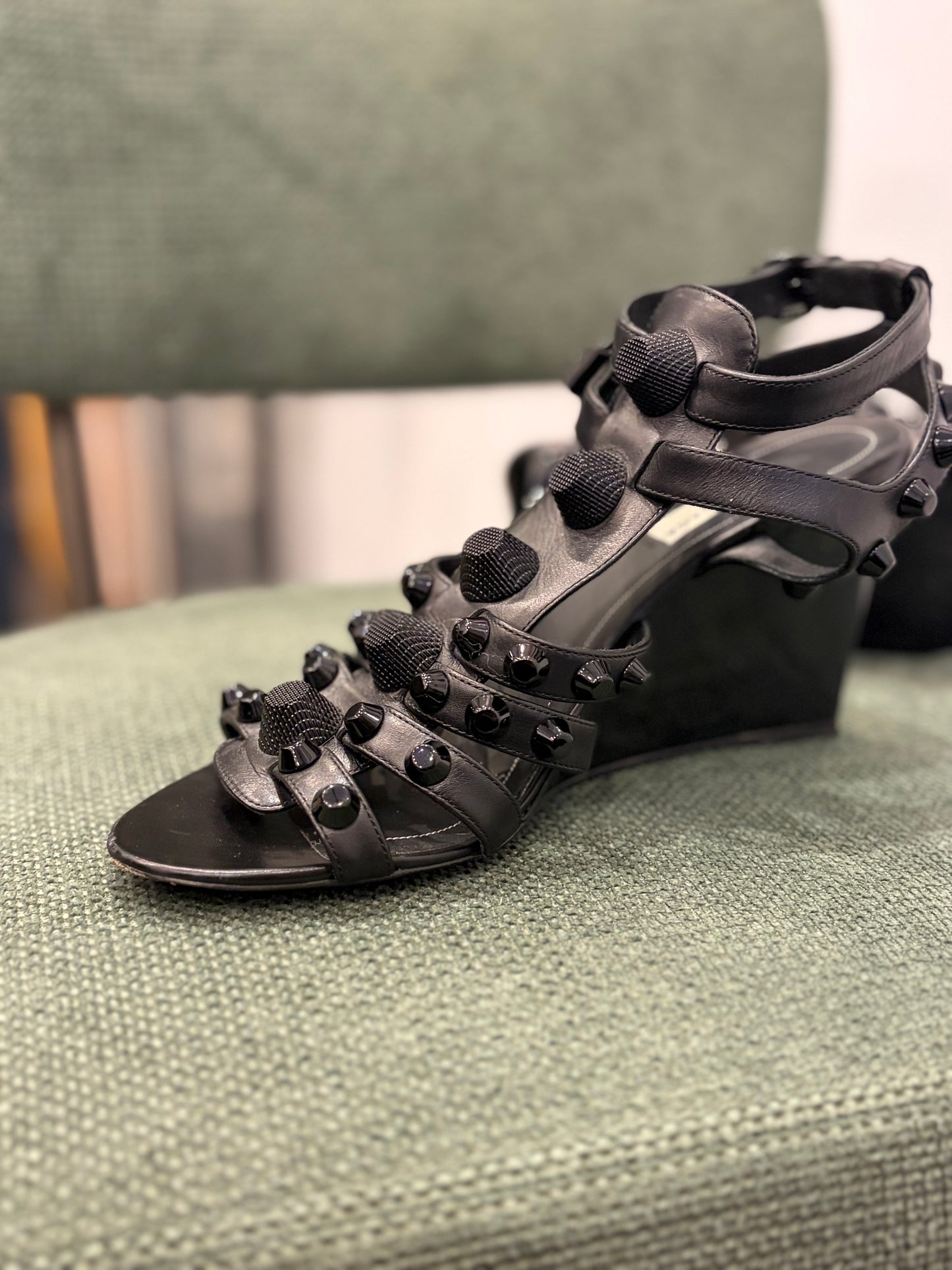 Balenciaga Black Studded Leather Wedge Sandals - Size 39