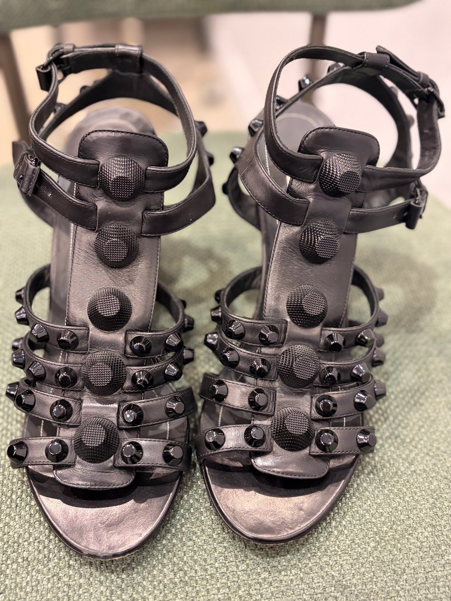 Balenciaga Black Studded Leather Wedge Sandals - Size 39