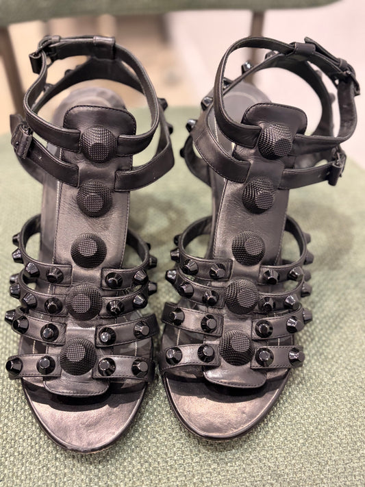 Balenciaga Black Studded Leather Wedge Sandals - Size 39