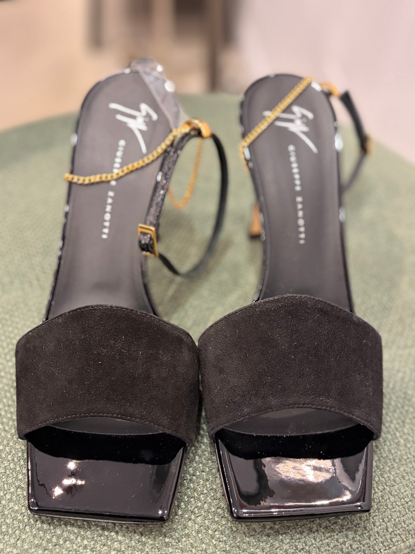 Giuseppe Zanotti Black Chain Suede & Patent Leather Chain Sandals - Size 38