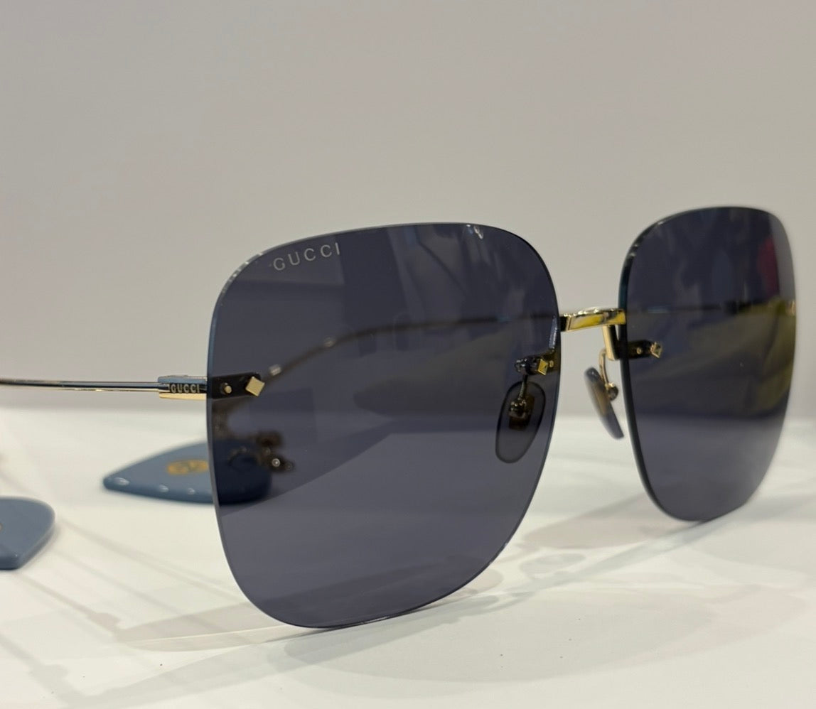 Gucci Rimless Oversize Square Sunglasses with Blue Heart Charms