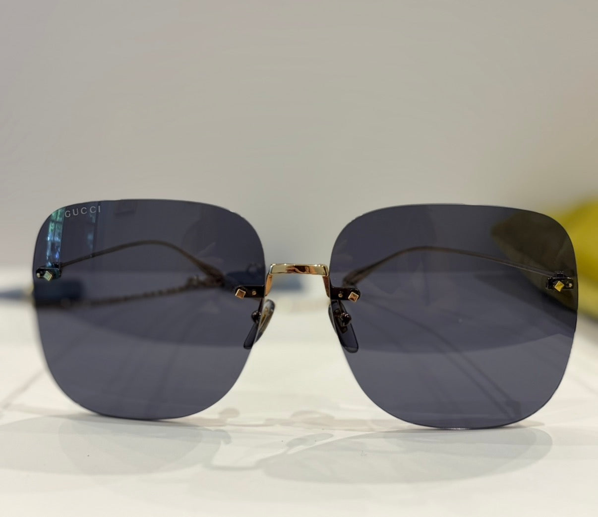 Gucci Rimless Oversize Square Sunglasses with Blue Heart Charms