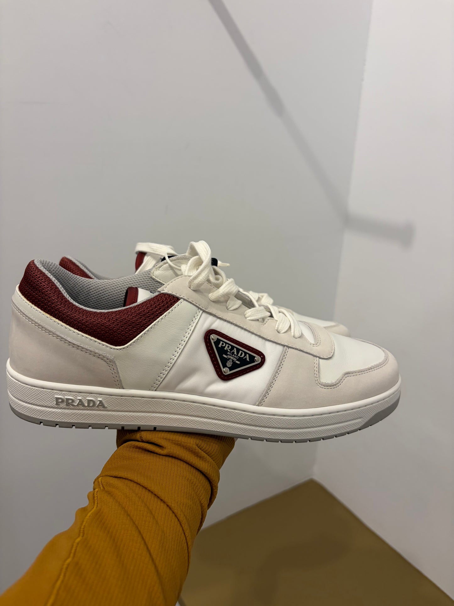 Prada Milano White Leather & Nylon Logo Sneakers Burgundy Trim - 8.5 (Mens)
