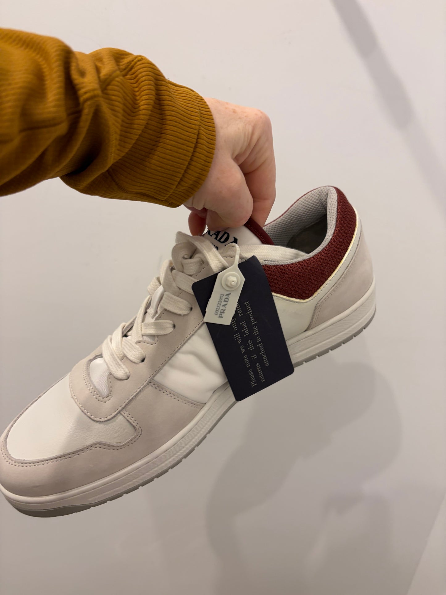Prada Milano White Leather & Nylon Logo Sneakers Burgundy Trim - 8.5 (Mens)