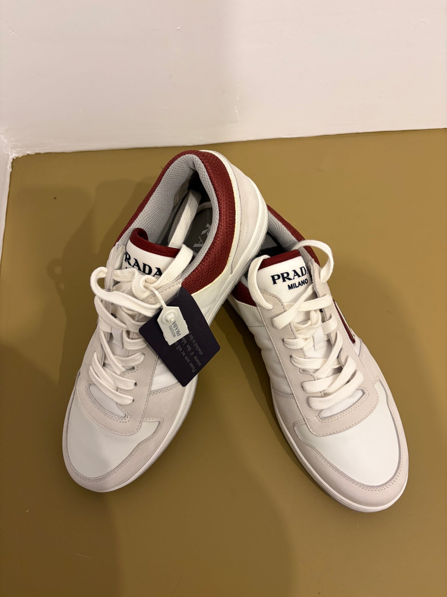 Prada Milano White Leather & Nylon Logo Sneakers Burgundy Trim - 8.5 (Mens)