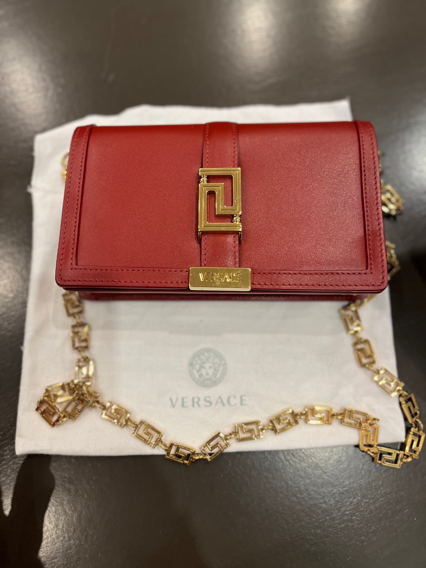 Versace La Greca Leather Clutch / Wallet on Chain – Red