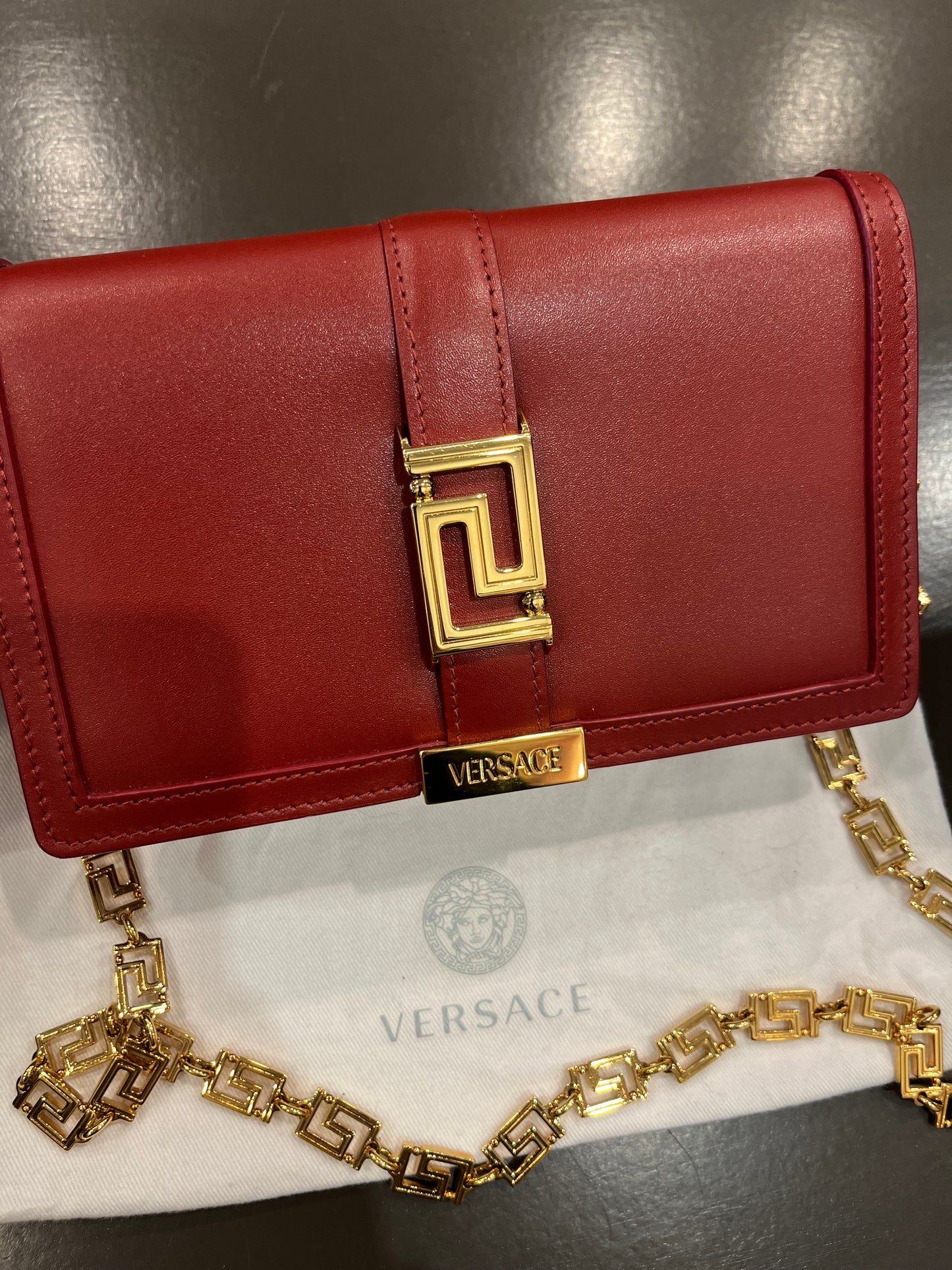 Versace La Greca Leather Clutch / Wallet on Chain – Red